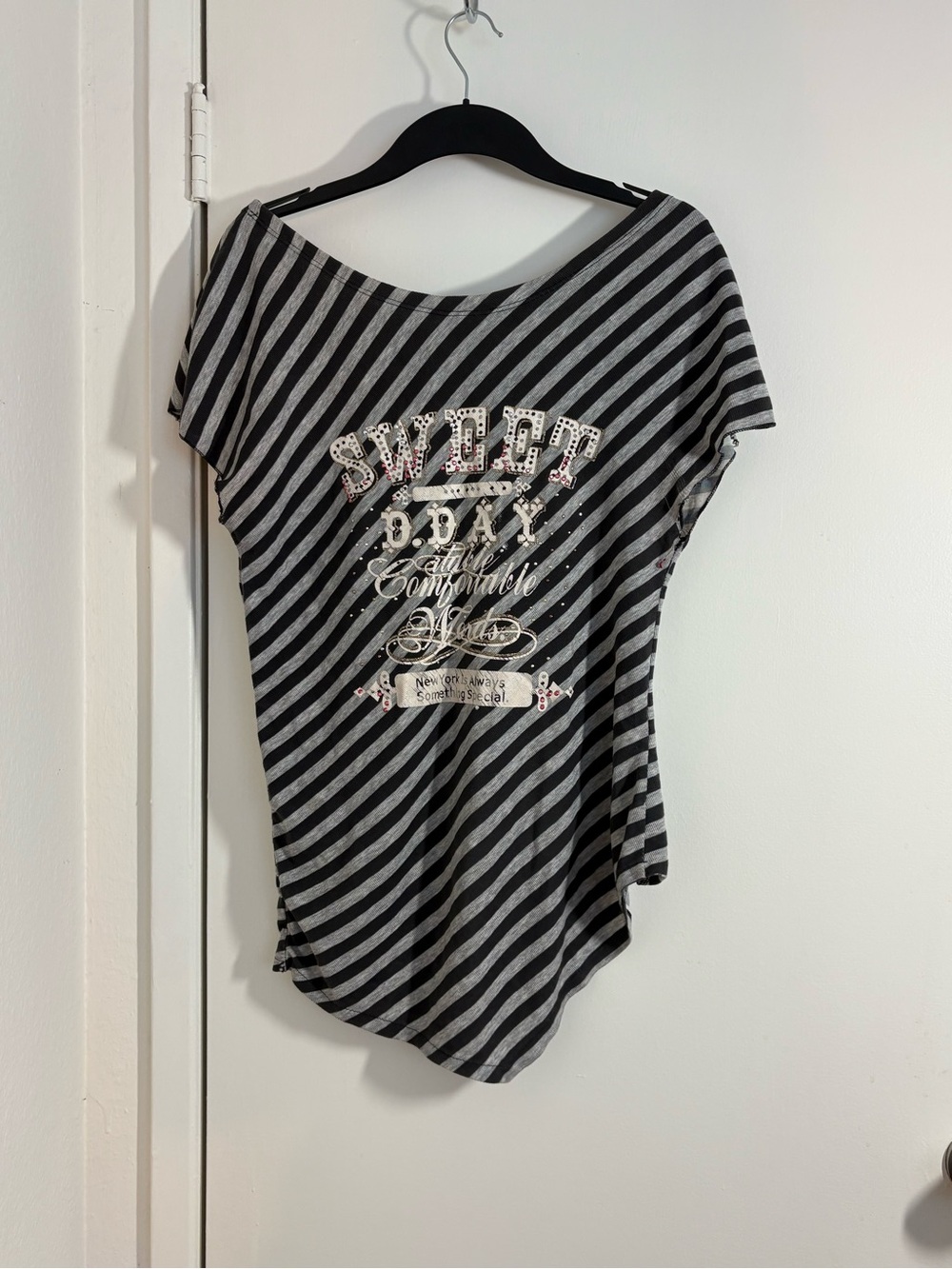 Y2K vintage Striped Black & Gray Off-Shoulder Women's Top
